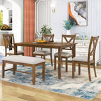 Set da pranzo da 6 pezzi con panca, stile rustico, per 6 persone, tavolo rettangolare in legno e 4 sedie imbottite