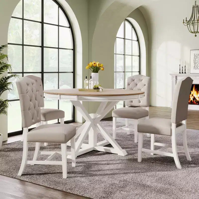 Set Tavolo da Pranzo Allungabile per 4, Tavolo Rotondo in Legno con 4 Sedie Imbottite per Cucina