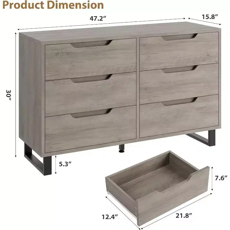 Comò a 6 cassetti per camera da letto, Comò largo 120 cm, Cassettiera verticale indipendente con ripiani, Armadio contenitore in legno per soggiorno, corridoio