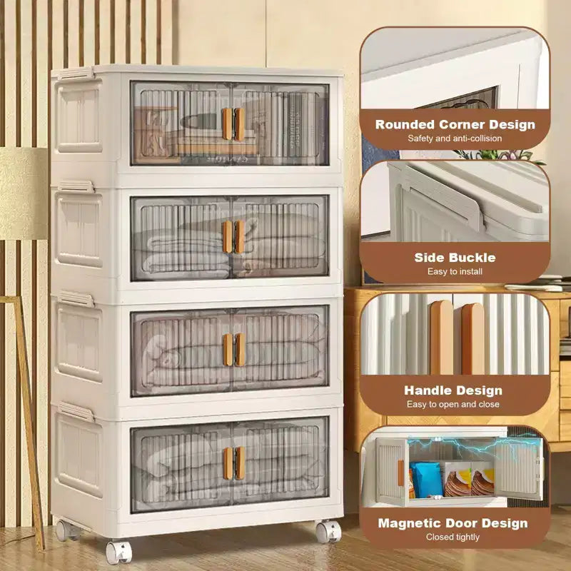 Contenitori impilabili con coperchio e ruote, organizer pieghevole in plastica per vestiti, casa, ufficio, dormitorio