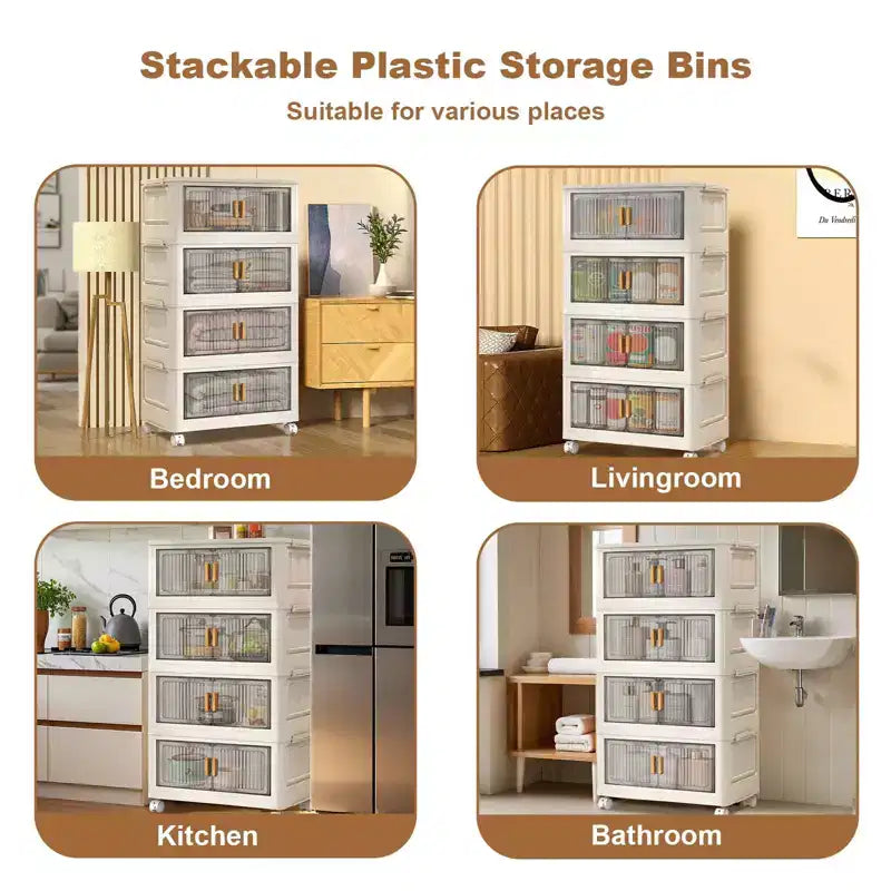 Contenitori impilabili con coperchio e ruote, organizer pieghevole in plastica per vestiti, casa, ufficio, dormitorio