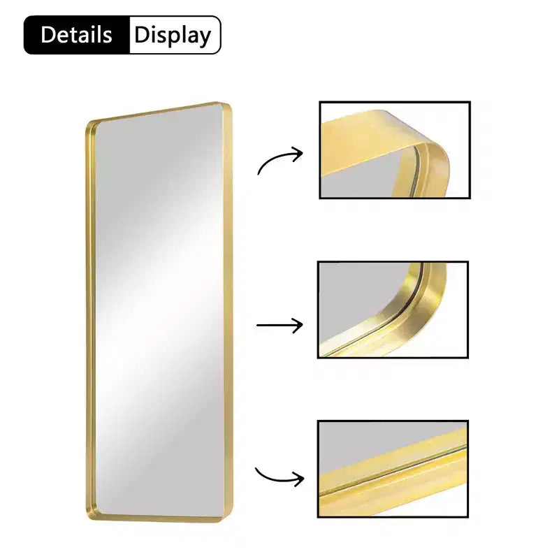 Specchio a figura intera rettangolare arrotondato in lega di alluminio color oro 71x28 pollici (specchio profondo - senza staffa)