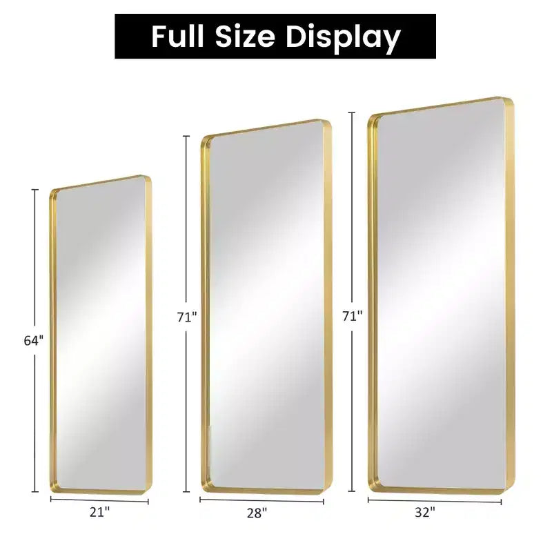 Specchio a figura intera rettangolare arrotondato in lega di alluminio color oro 71x28 pollici (specchio profondo - senza staffa)