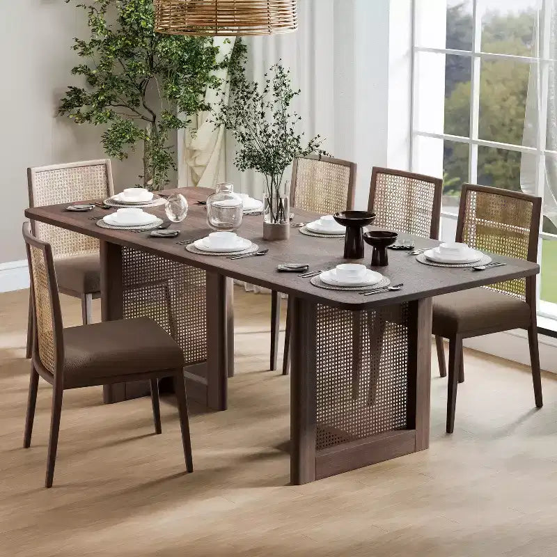 PexFix 79 x 33,5 Table de salle à manger de cuisine de ferme Table de cuisine carrée en noyer avec pieds en rotin tressé pour cuisine, bar, salon