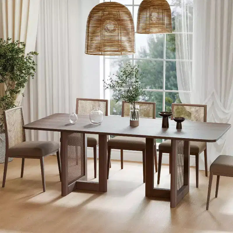 PexFix 79 x 33,5 Table de salle à manger de cuisine de ferme Table de cuisine carrée en noyer avec pieds en rotin tressé pour cuisine, bar, salon