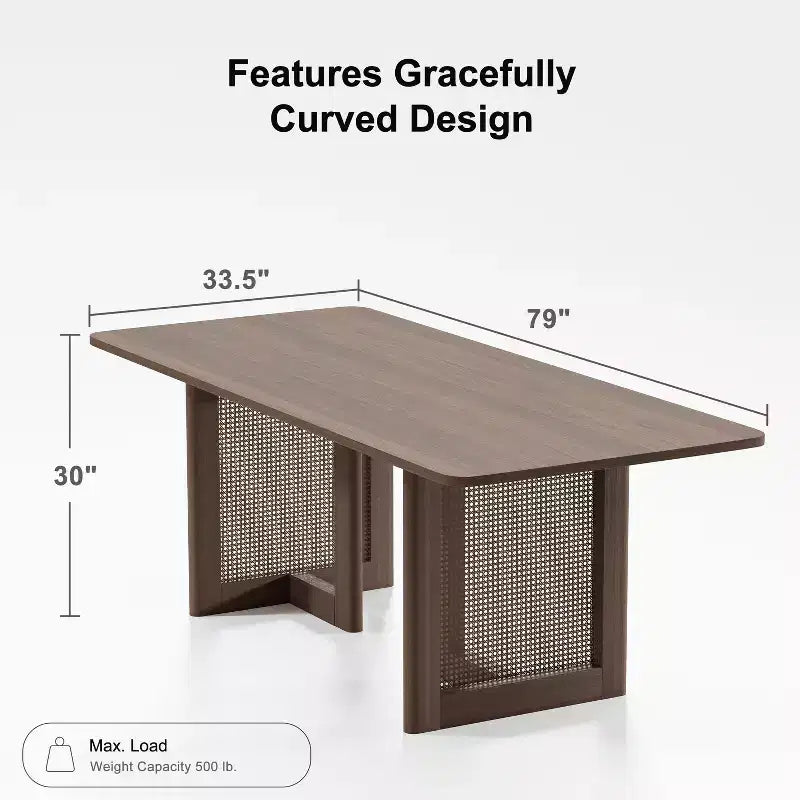 PexFix 79 x 33,5 Table de salle à manger de cuisine de ferme Table de cuisine carrée en noyer avec pieds en rotin tressé pour cuisine, bar, salon