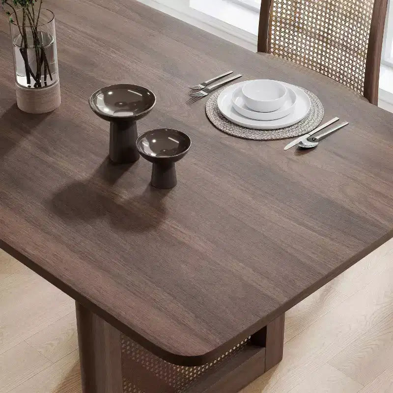 PexFix 79 x 33,5 Table de salle à manger de cuisine de ferme Table de cuisine carrée en noyer avec pieds en rotin tressé pour cuisine, bar, salon
