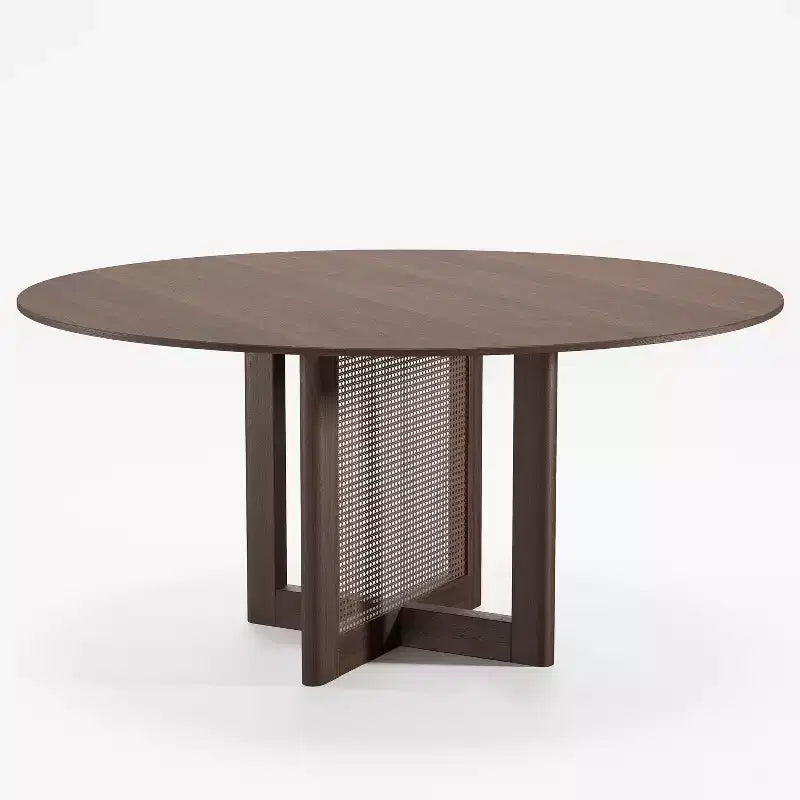 PexFix 60 x 60 Table de salle à manger de cuisine de ferme Table de cuisine ronde en noyer avec pieds tissés en rotin pour cuisine, bar, salon