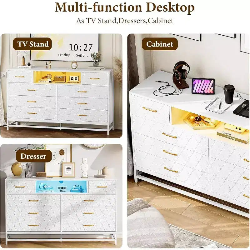 Cassettiera Acekool a 8 cassetti bianca con presa di corrente e porte USB, comò grande da camera da letto con cassetti profondi e moderne maniglie dorate