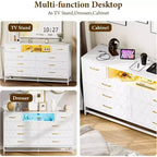 Cassettiera Acekool a 8 cassetti bianca con presa di corrente e porte USB, comò grande da camera da letto con cassetti profondi e moderne maniglie dorate