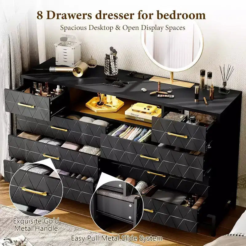 Cassettiera Acekool a 8 cassetti bianca con presa di corrente e porte USB, comò grande da camera da letto con cassetti profondi e moderne maniglie dorate