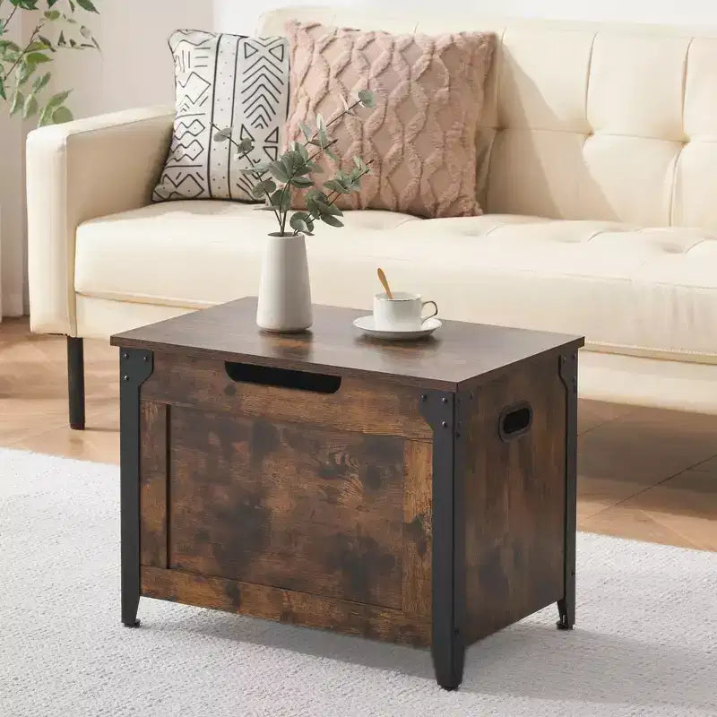 TROPOW Baule con Coperchio, Baule Panca in Legno, Panca Contenitore con Cerniere di Sicurezza, Struttura in Metallo, Scarpiera, Mobile Contenitore, Marrone