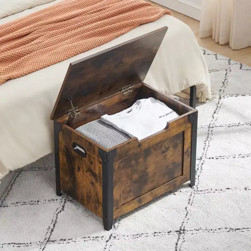 TROPOW Baule con Coperchio, Baule Panca in Legno, Panca Contenitore con Cerniere di Sicurezza, Struttura in Metallo, Scarpiera, Mobile Contenitore, Marrone