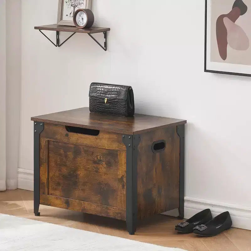 TROPOW Baule con Coperchio, Baule Panca in Legno, Panca Contenitore con Cerniere di Sicurezza, Struttura in Metallo, Scarpiera, Mobile Contenitore, Marrone