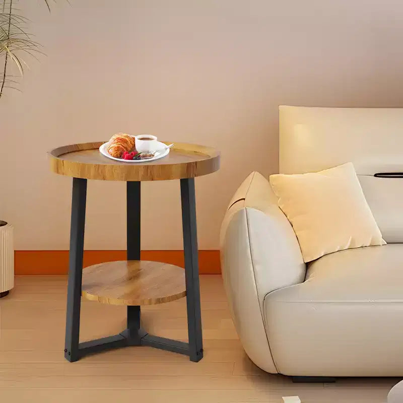 Tavolino rotondo a 2 ripiani con mensola, tavolino con struttura in legno e metallo per soggiorno e camera da letto, per piccoli spazi, facile da montare