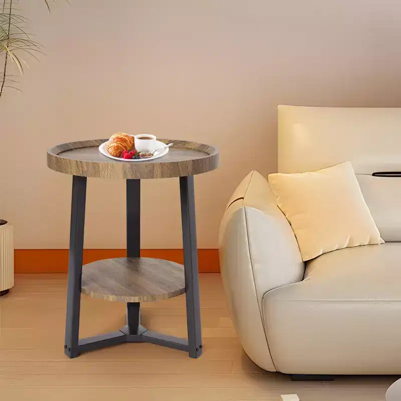 Tavolino rotondo a 2 ripiani con mensola, tavolino con struttura in legno e metallo per soggiorno e camera da letto, per piccoli spazi, facile da montare