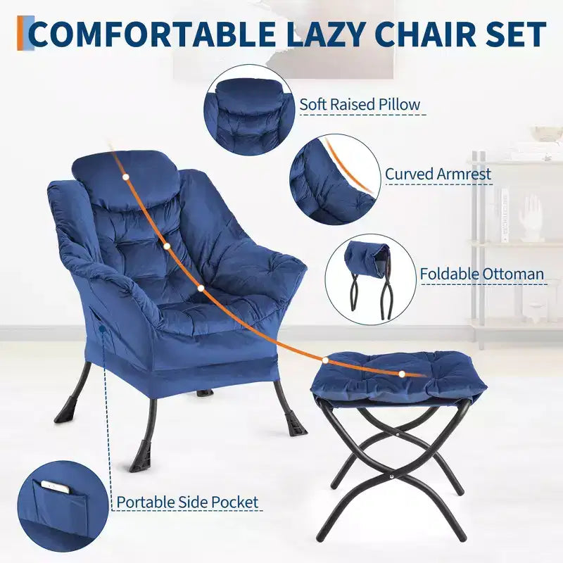 Poltrona relax con pouf, poltrona moderna per soggiorno, poltrona da divano, poltrona da lettura con tasca laterale per soggiorno, camera da letto, dormitorio e ufficio