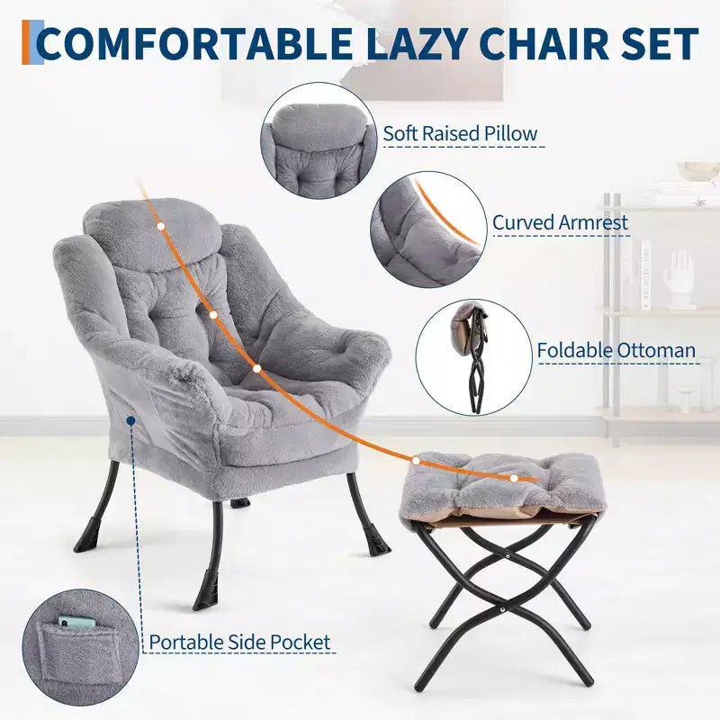 Poltrona relax con pouf, poltrona moderna per soggiorno, poltrona da divano, poltrona da lettura con tasca laterale per soggiorno, camera da letto, dormitorio e ufficio