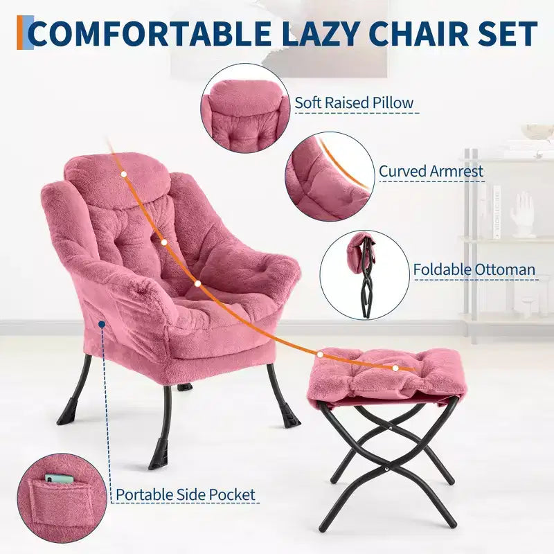 Poltrona relax con pouf, poltrona moderna per soggiorno, poltrona da divano, poltrona da lettura con tasca laterale per soggiorno, camera da letto, dormitorio e ufficio
