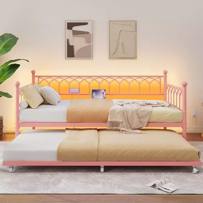 Divano letto singolo con letto estraibile, con stazione di ricarica e luci LED, struttura in metallo con letto estraibile per soggiorno, camera da letto, camera degli ospiti, appartamento
