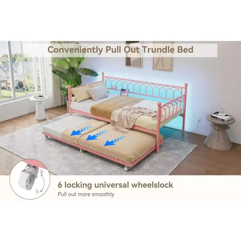 Divano letto singolo con letto estraibile, con stazione di ricarica e luci LED, struttura in metallo con letto estraibile per soggiorno, camera da letto, camera degli ospiti, appartamento