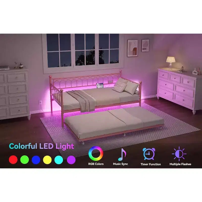 Divano letto singolo con letto estraibile, con stazione di ricarica e luci LED, struttura in metallo con letto estraibile per soggiorno, camera da letto, camera degli ospiti, appartamento
