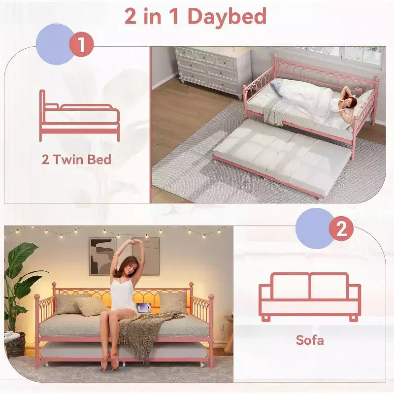 Divano letto singolo con letto estraibile, con stazione di ricarica e luci LED, struttura in metallo con letto estraibile per soggiorno, camera da letto, camera degli ospiti, appartamento