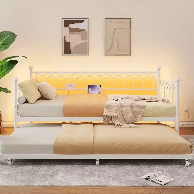 Divano letto singolo con letto estraibile, con stazione di ricarica e luci LED, struttura in metallo con letto estraibile per soggiorno, camera da letto, camera degli ospiti, appartamento
