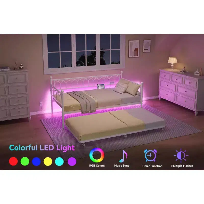Divano letto singolo con letto estraibile, con stazione di ricarica e luci LED, struttura in metallo con letto estraibile per soggiorno, camera da letto, camera degli ospiti, appartamento
