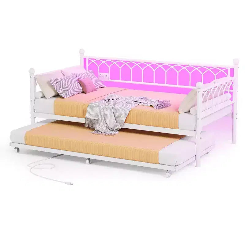 Divano letto singolo con letto estraibile, con stazione di ricarica e luci LED, struttura in metallo con letto estraibile per soggiorno, camera da letto, camera degli ospiti, appartamento