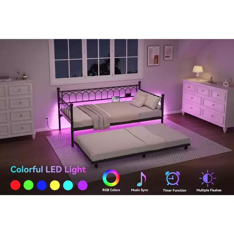 Divano letto singolo con letto estraibile, con stazione di ricarica e luci LED, struttura in metallo con letto estraibile per soggiorno, camera da letto, camera degli ospiti, appartamento