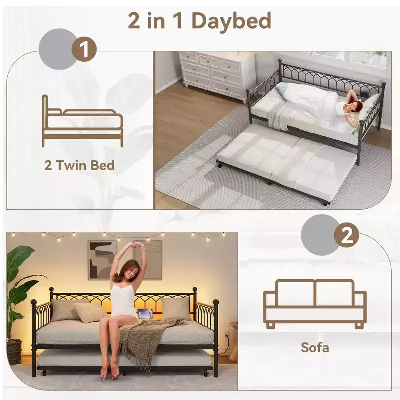 Divano letto singolo con letto estraibile, con stazione di ricarica e luci LED, struttura in metallo con letto estraibile per soggiorno, camera da letto, camera degli ospiti, appartamento