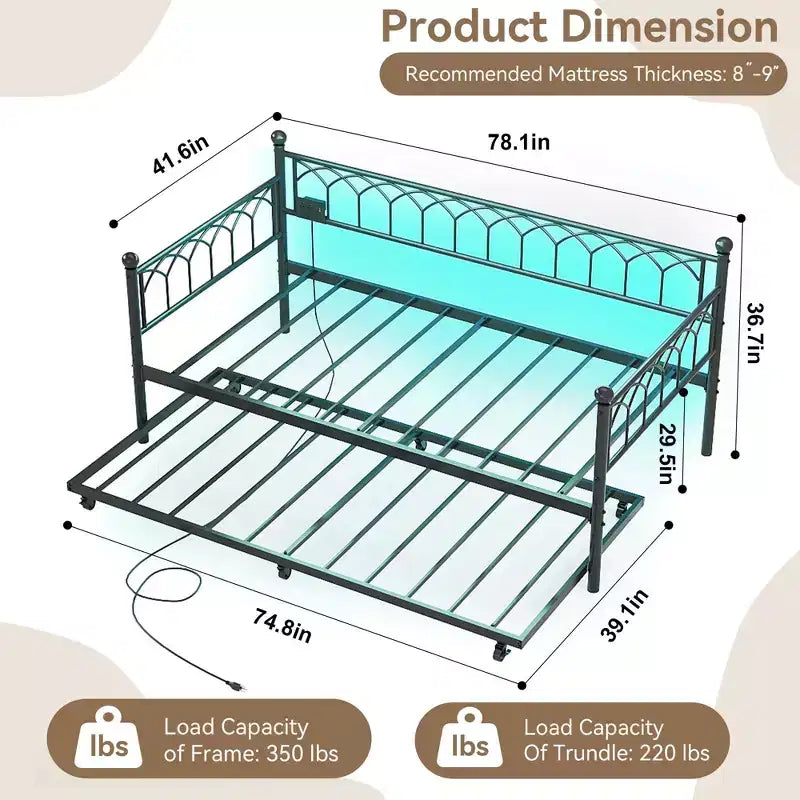 Divano letto singolo con letto estraibile, con stazione di ricarica e luci LED, struttura in metallo con letto estraibile per soggiorno, camera da letto, camera degli ospiti, appartamento