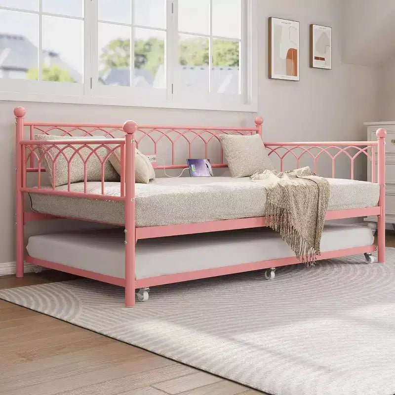 Divano letto singolo con letto estraibile, con stazione di ricarica e luci LED, struttura in metallo con letto estraibile per soggiorno, camera da letto, camera degli ospiti, appartamento