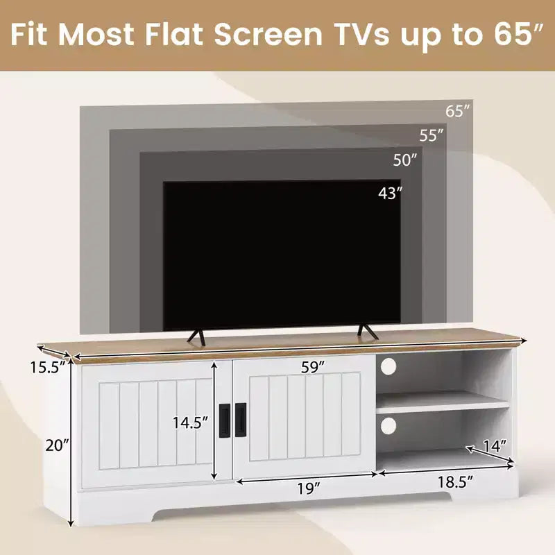 Meuble TV Costway de style rustique pour téléviseurs jusqu'à 65 pouces avec portes coulissantes et rangements.