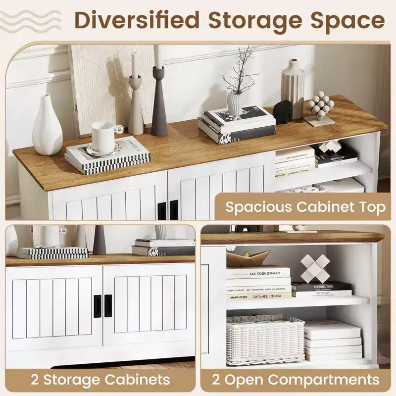 Meuble TV Costway de style rustique pour téléviseurs jusqu'à 65 pouces avec portes coulissantes et rangements.