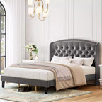 Bed Frame, Full Size Bed - Velvet Upholstered Platform with Wingback Headboard, Button Tufted, No Box Spring Needed (Grey)