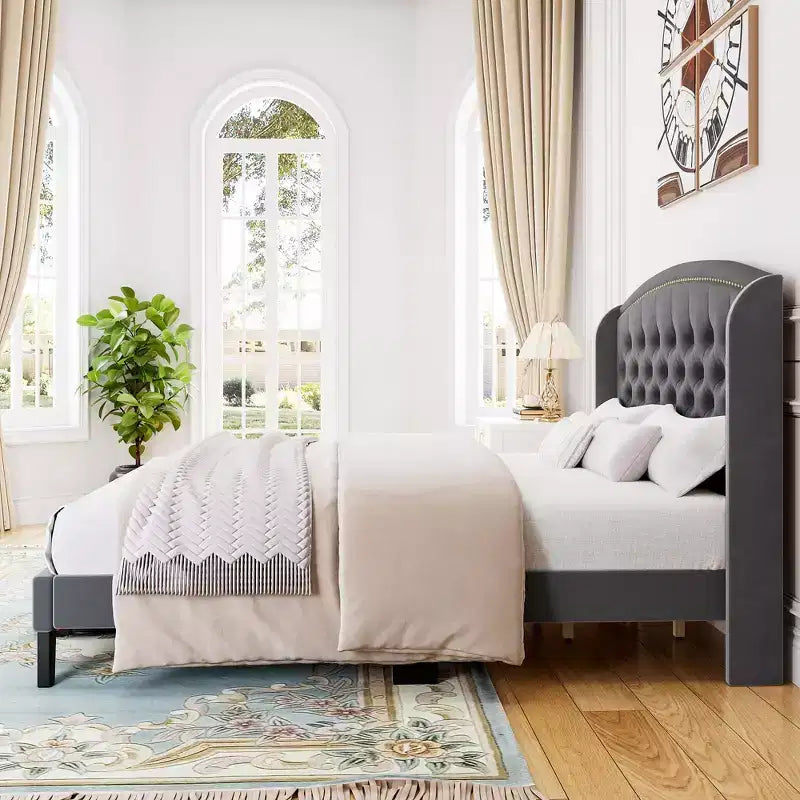 Struttura letto, letto a una piazza e mezza - Piattaforma imbottita in velluto con testiera ad ala, capitonné, non richiede rete a doghe (Grigio)
