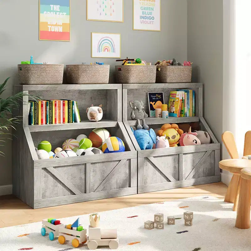 Libreria per bambini e portaoggetti per giocattoli, organizer per giocattoli a 2 livelli con armadietto, libreria a 2 ripiani per bambini per sala giochi, camera da letto, soggiorno, aula