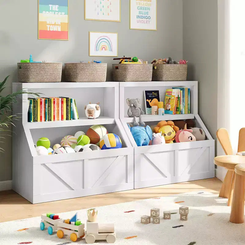 Libreria per bambini e portaoggetti per giocattoli, organizer per giocattoli a 2 livelli con armadietto, libreria a 2 ripiani per bambini per sala giochi, camera da letto, soggiorno, aula