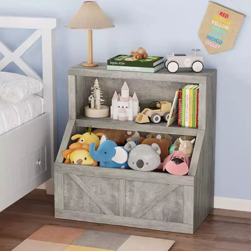 Libreria per bambini e portaoggetti per giocattoli, organizer per giocattoli a 2 livelli con armadietto, libreria a 2 ripiani per bambini per sala giochi, camera da letto, soggiorno, aula