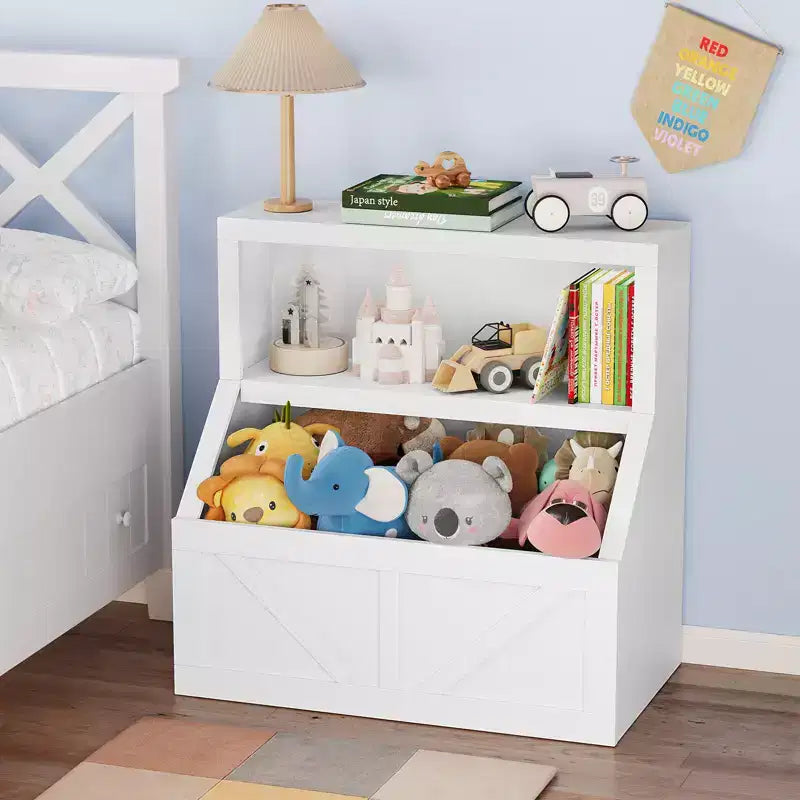 Libreria per bambini e portaoggetti per giocattoli, organizer per giocattoli a 2 livelli con armadietto, libreria a 2 ripiani per bambini per sala giochi, camera da letto, soggiorno, aula