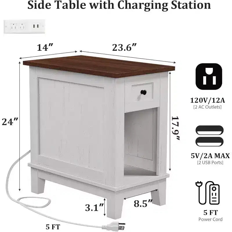 Table d'appoint de style rustique Acekool avec station de recharge et tiroir de rangement, table d'appoint blanche et marron pour salon et chambre à coucher