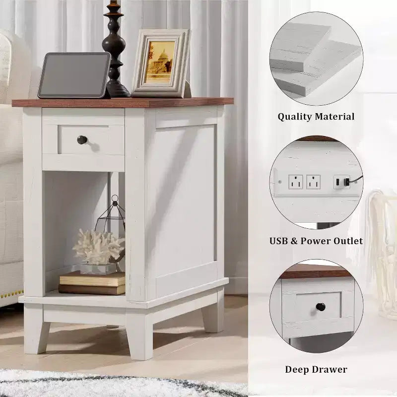 Table d'appoint de style rustique Acekool avec station de recharge et tiroir de rangement, table d'appoint blanche et marron pour salon et chambre à coucher