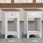 Table d'appoint de style rustique Acekool avec station de recharge et tiroir de rangement, table d'appoint blanche et marron pour salon et chambre à coucher