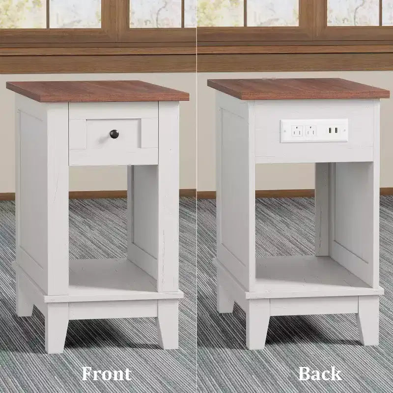 Table d'appoint de style rustique Acekool avec station de recharge et tiroir de rangement, table d'appoint blanche et marron pour salon et chambre à coucher