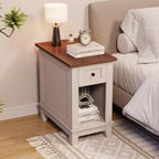 Table d'appoint de style rustique Acekool avec station de recharge et tiroir de rangement, table d'appoint blanche et marron pour salon et chambre à coucher