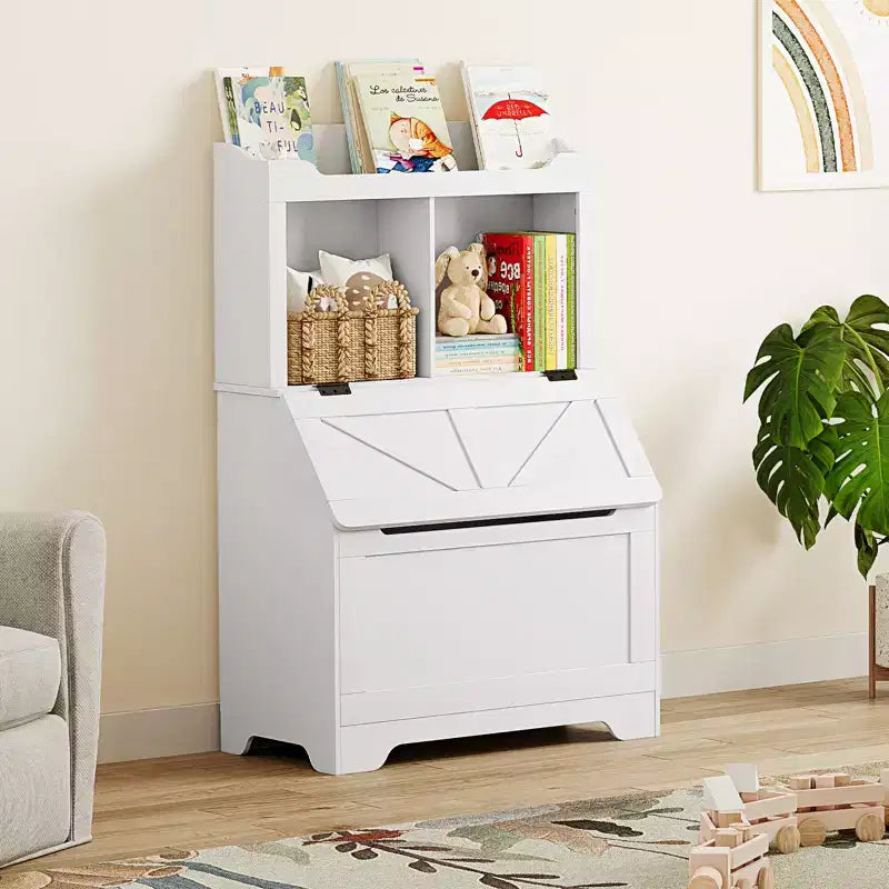 Organizzatore Porta Giochi per Bambini, Scaffale per Libri e Contenitore per Giocattoli con Coperchio a Ribalta e Scomparti, Libreria in Legno per Bambini per Sala Giochi, Cameretta, Camera da Letto