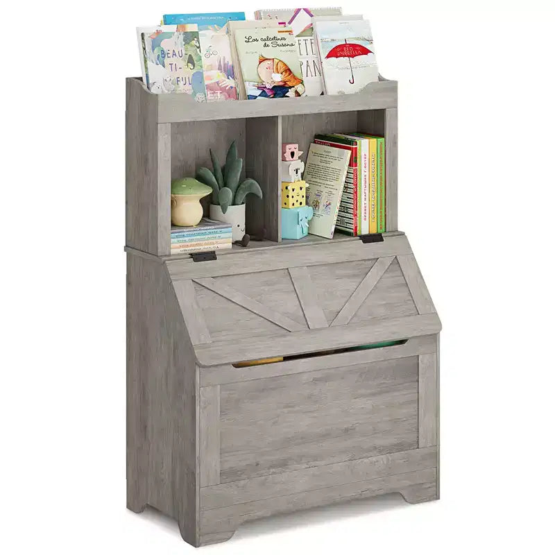Organizzatore Porta Giochi per Bambini, Scaffale per Libri e Contenitore per Giocattoli con Coperchio a Ribalta e Scomparti, Libreria in Legno per Bambini per Sala Giochi, Cameretta, Camera da Letto