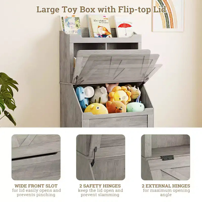 Organizzatore Porta Giochi per Bambini, Scaffale per Libri e Contenitore per Giocattoli con Coperchio a Ribalta e Scomparti, Libreria in Legno per Bambini per Sala Giochi, Cameretta, Camera da Letto